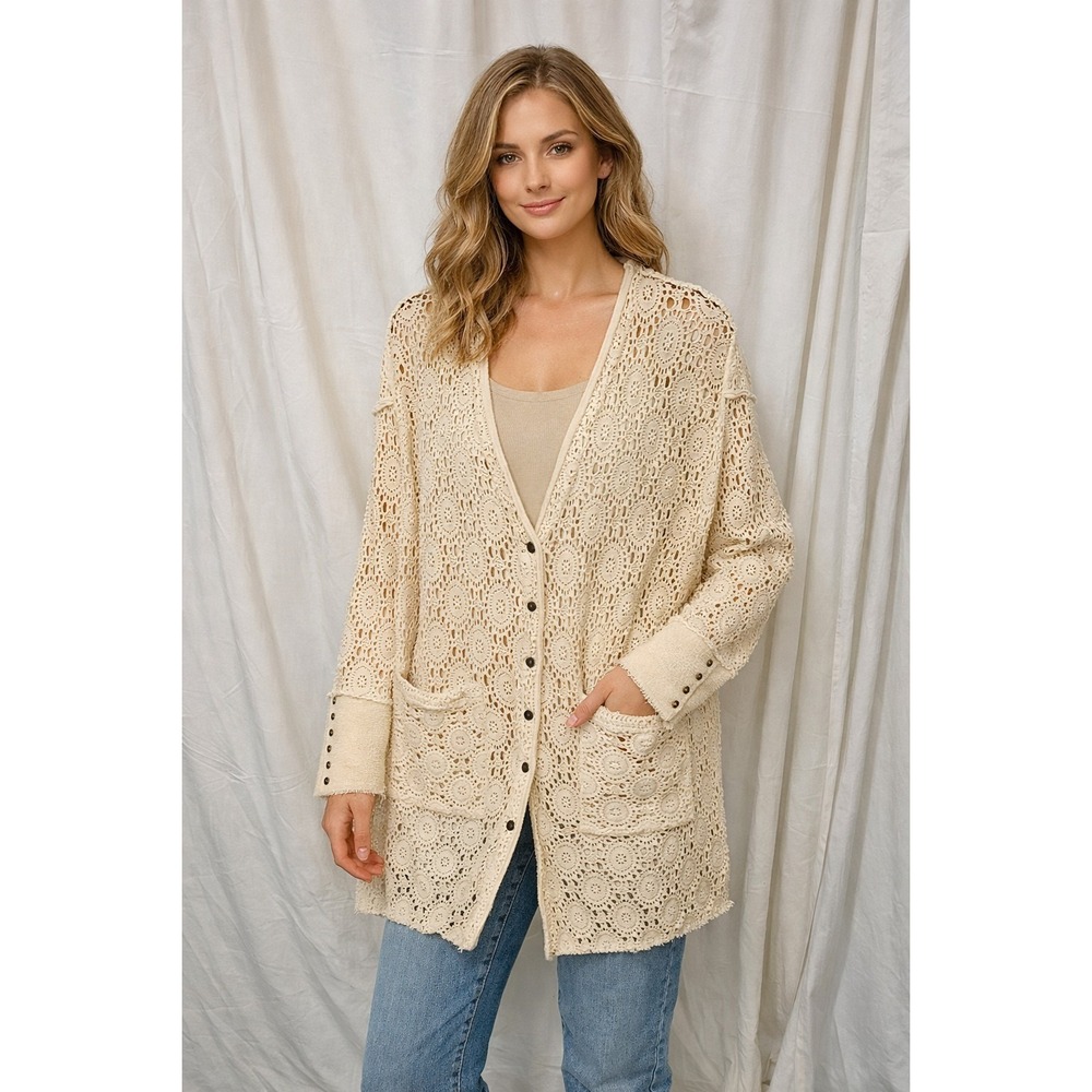 Free‎ People Runaway Crochet Duster Cardigan M Cottagecore Quiet Luxury